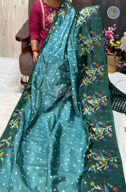 Dual-Tone Paper Silk Saree - Sea Green & Bottle Green
