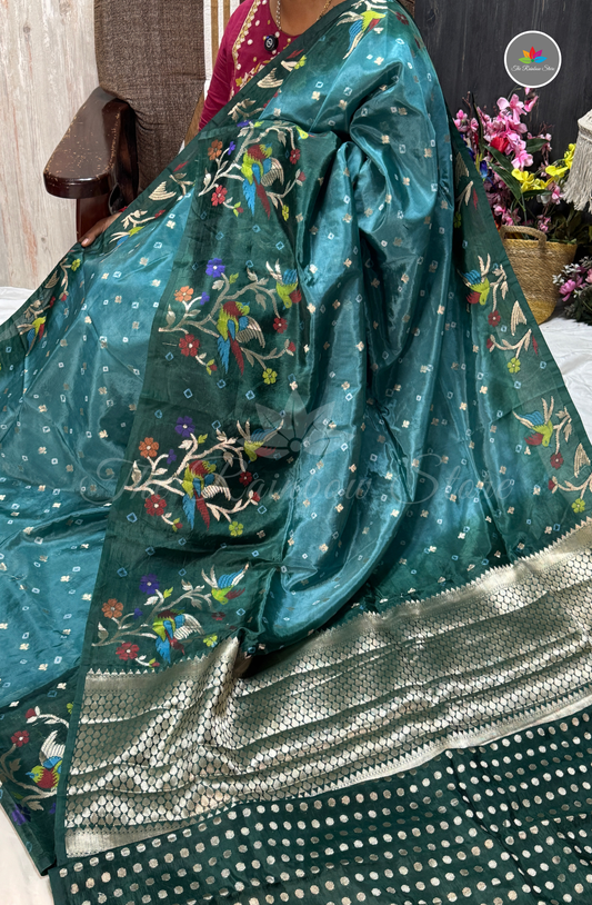 Dual-Tone Paper Silk Saree - Sea Green & Bottle Green