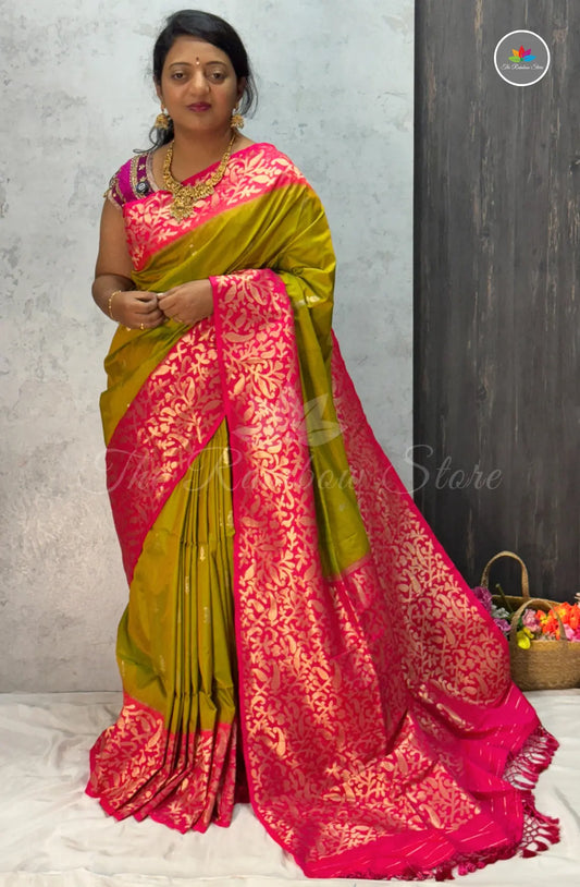 Elegant Semi Silk Saree with Big Border  - Leafy Green