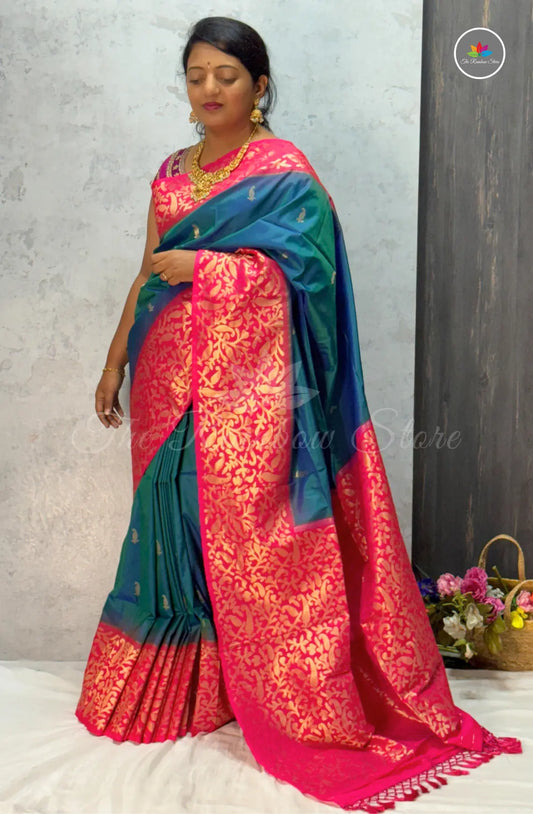 Elegant Semi Silk Saree with Big Border  - Peacock Blue