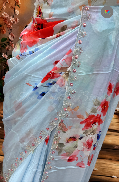 Premium Chiffon Embroidery Saree - Sky Blue