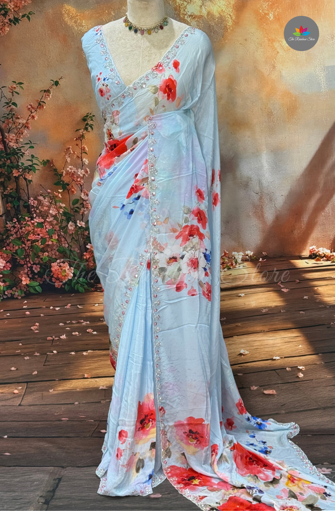 Premium Chiffon Embroidery Saree - Sky Blue
