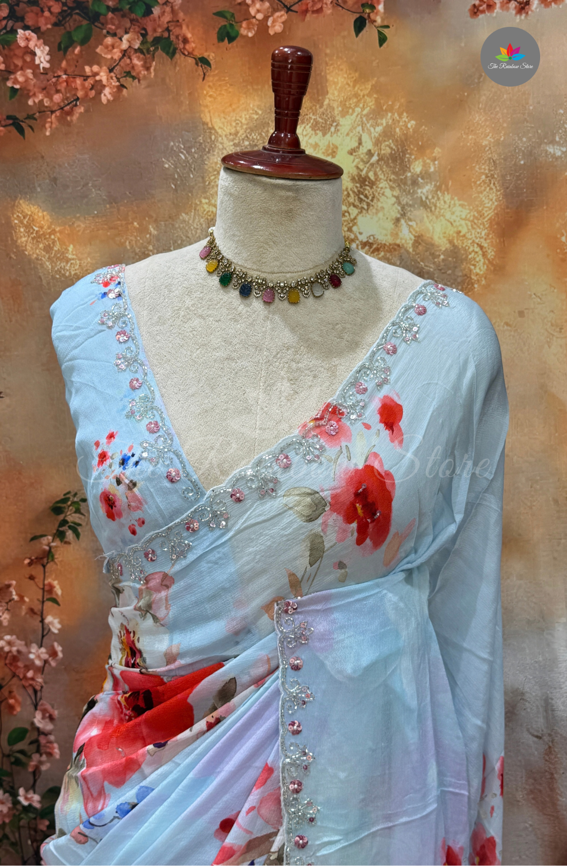Premium Chiffon Embroidery Saree - Sky Blue