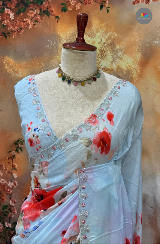 Premium Chiffon Embroidery Saree - Sky Blue