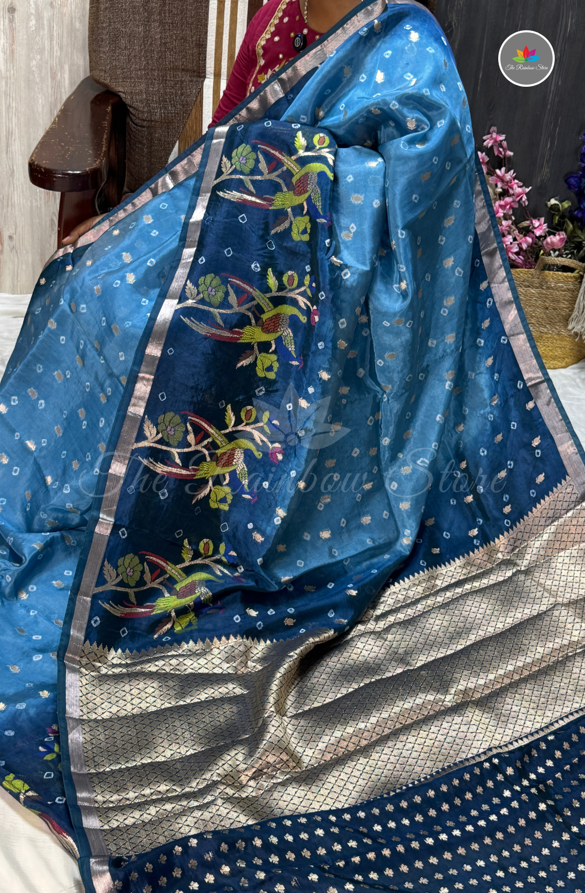Dual-Tone Paper Silk Saree - Sky Blue & Navy Blue