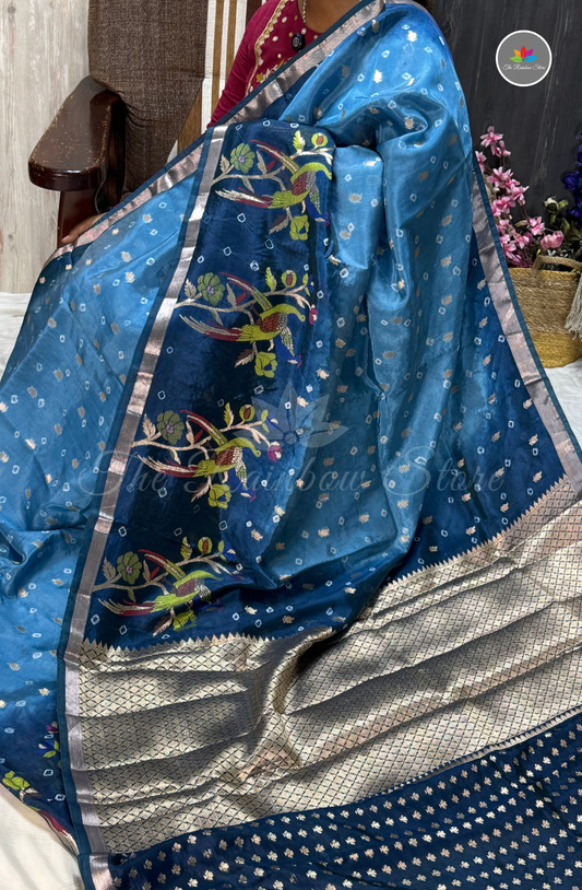 Dual-Tone Paper Silk Saree - Sky Blue & Navy Blue