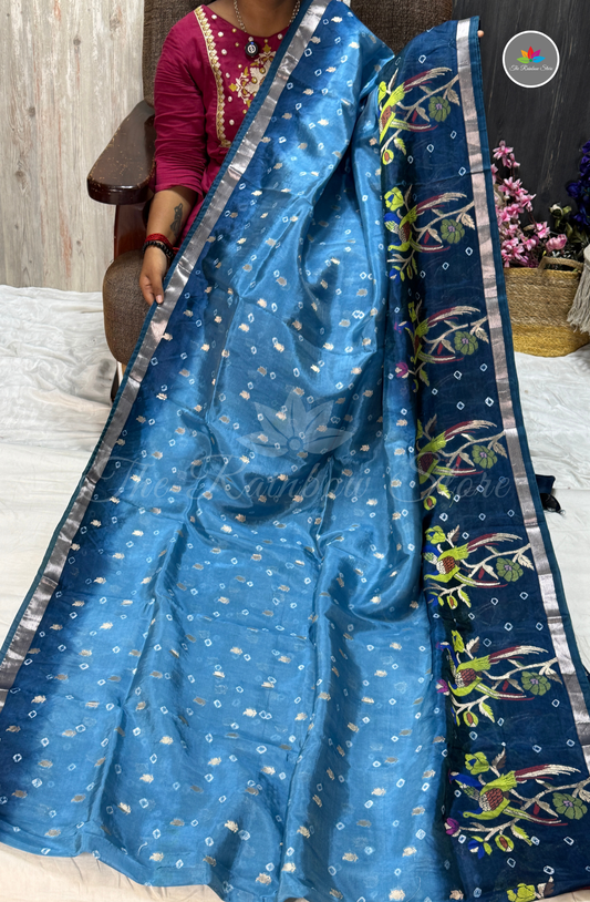 Dual-Tone Paper Silk Saree - Sky Blue & Navy Blue