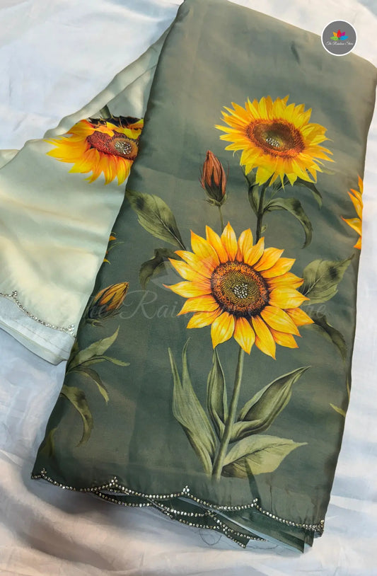 Sunflower Satin Saree With Scalloped Border - Green