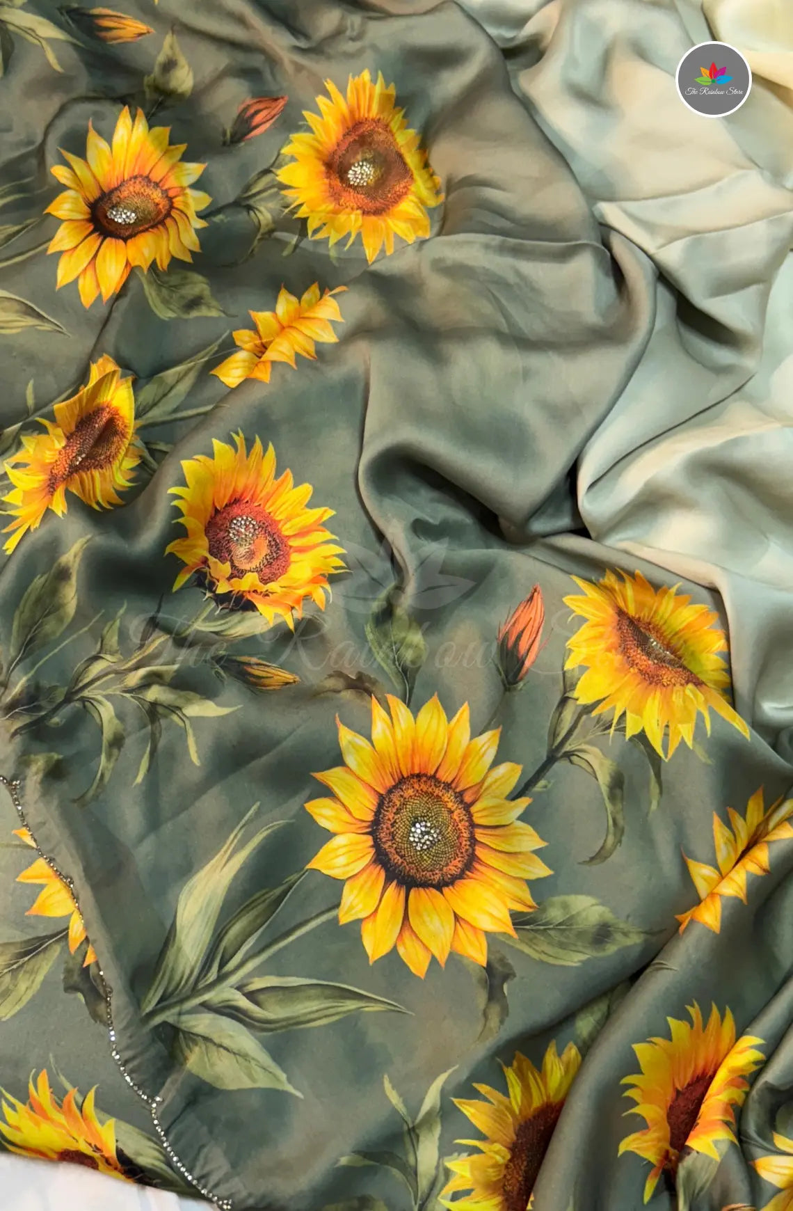 Sunflower Satin Saree With Scalloped Border - Green