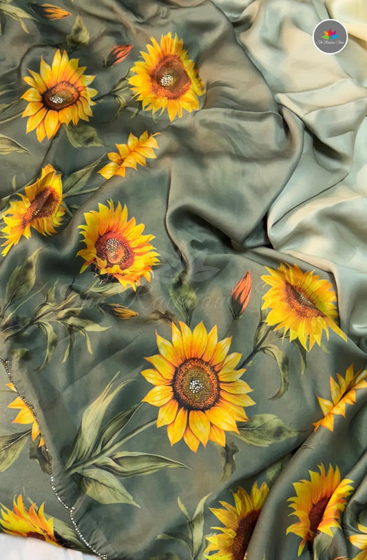 Sunflower Satin Saree With Scalloped Border - Green