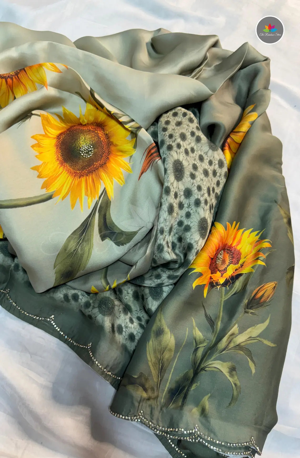 Sunflower Satin Saree With Scalloped Border - Green