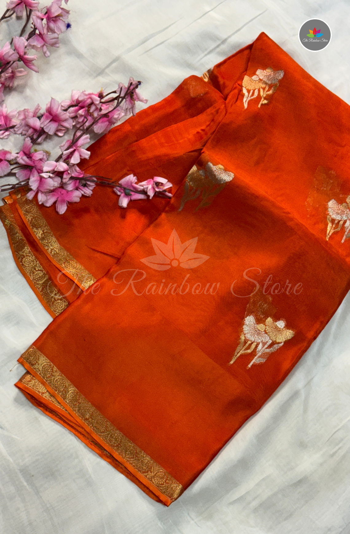 Organza Silk Saree - Sunset Orange