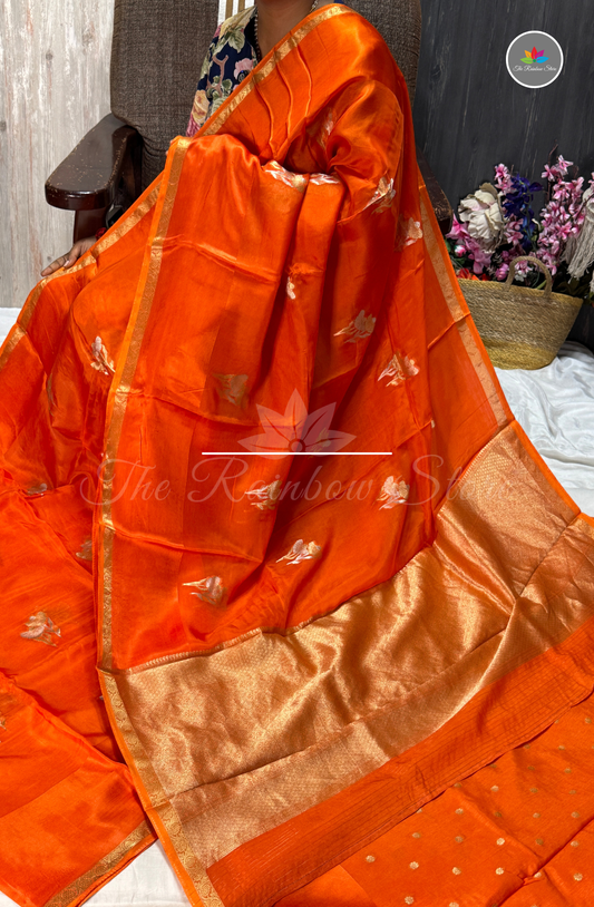Organza Silk Saree - Sunset Orange