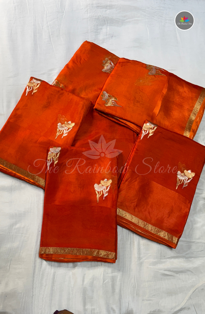 Organza Silk Saree - Sunset Orange