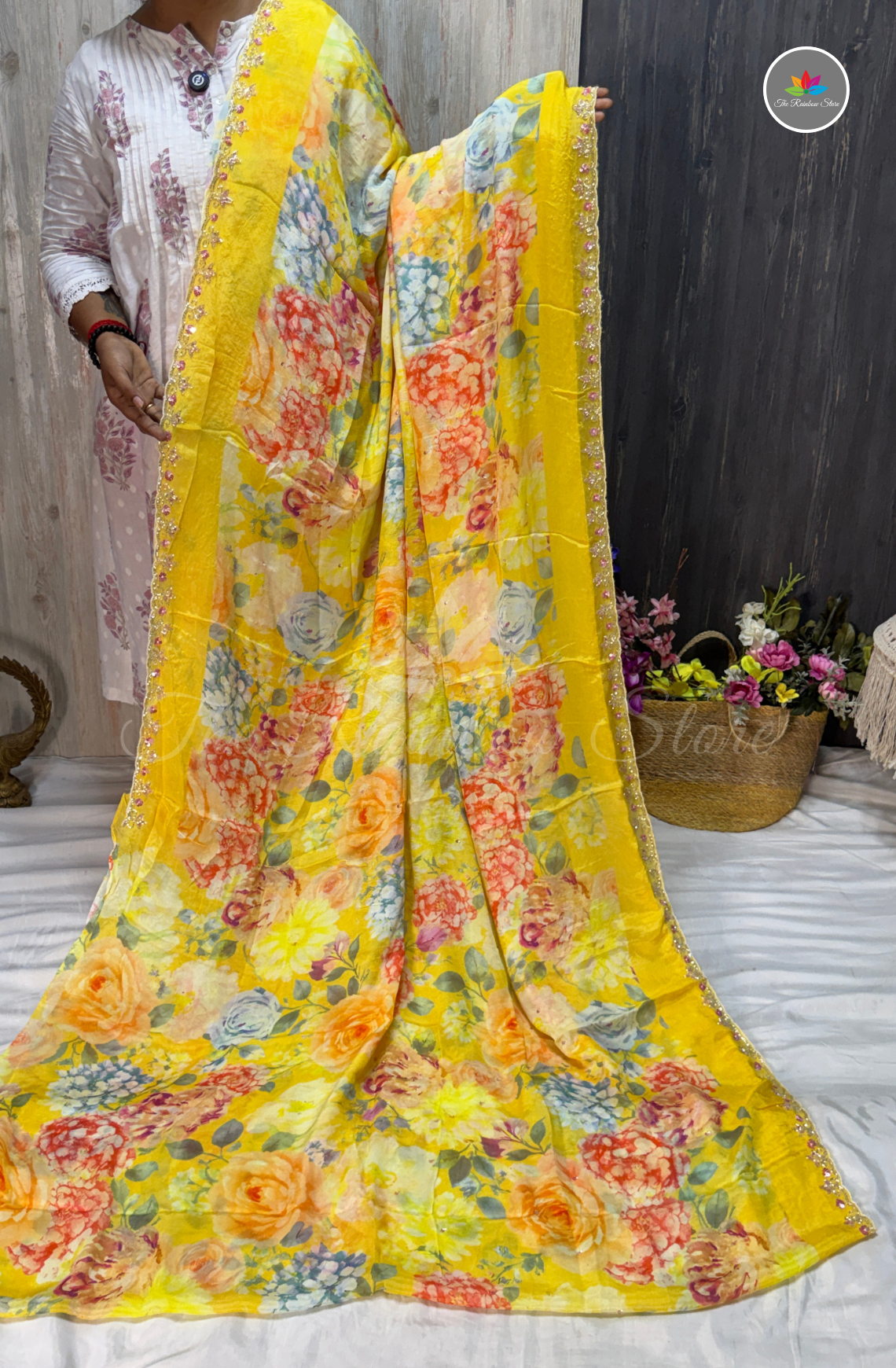 Pure Chinon Saree with Hand Embroidery - Sunshine Yellow