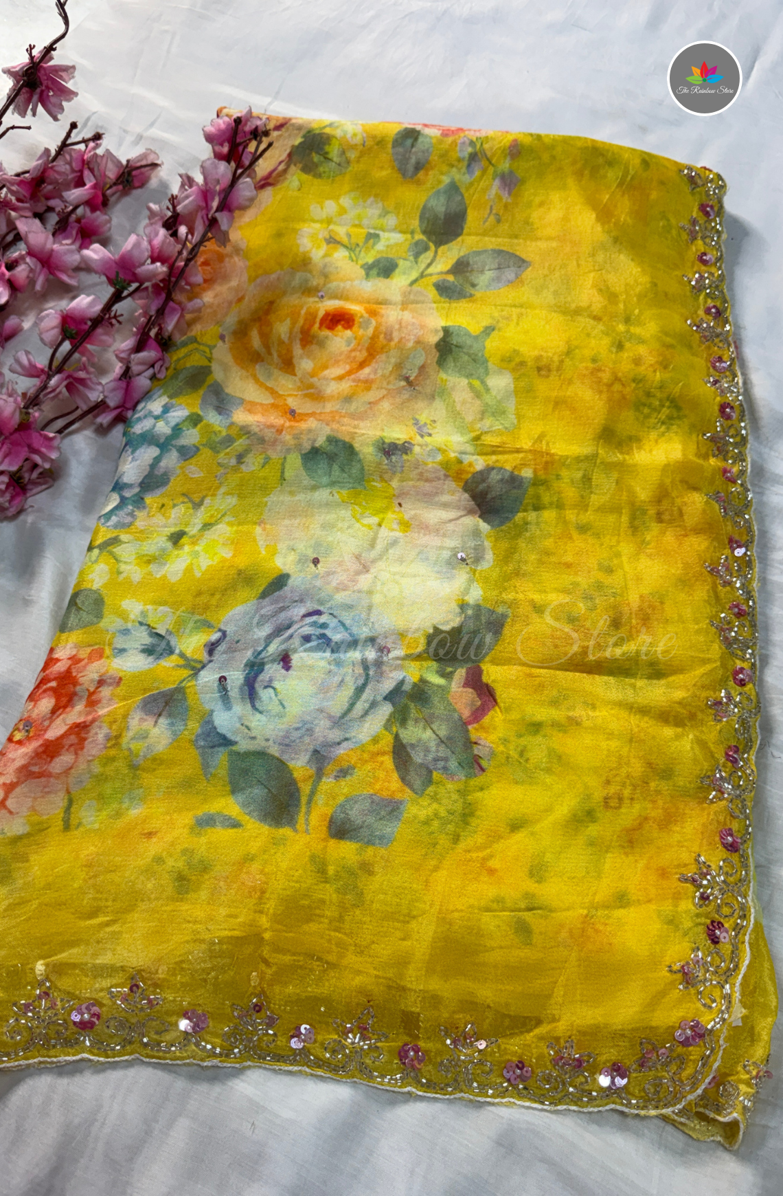 Pure Chinon Saree with Hand Embroidery - Sunshine Yellow