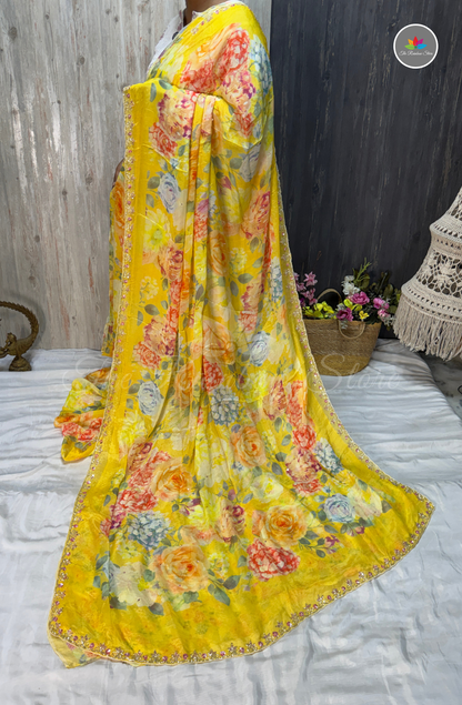 Pure Chinon Saree with Hand Embroidery - Sunshine Yellow
