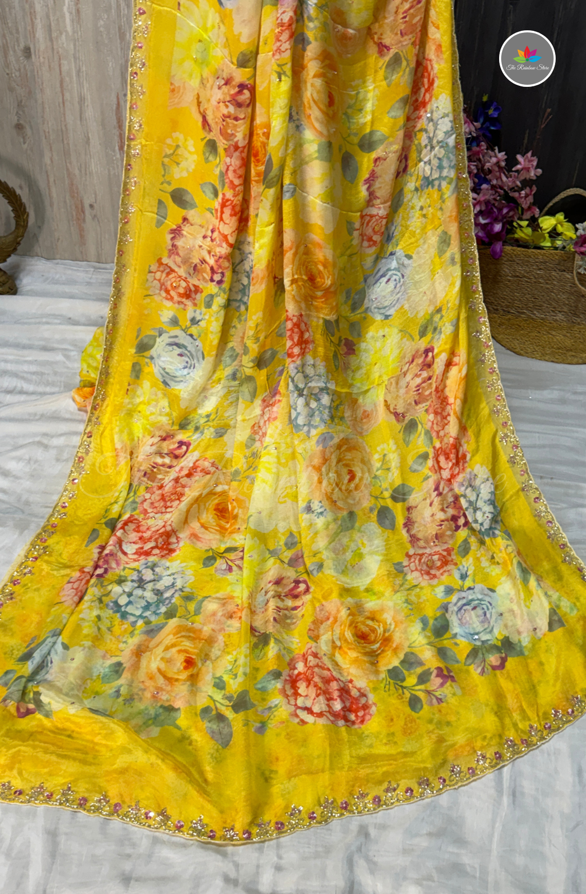 Pure Chinon Saree with Hand Embroidery - Sunshine Yellow