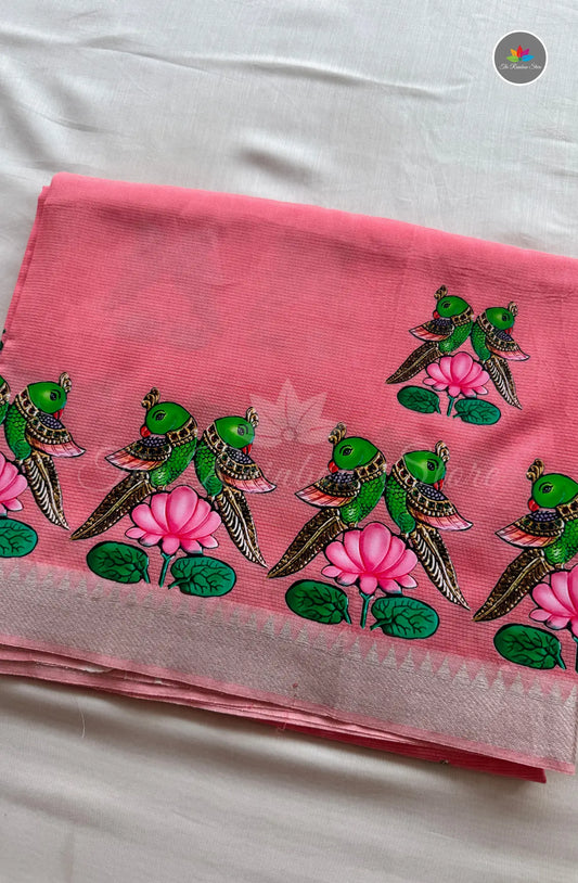 Pure Mangalagiri Pattu  with Tanjore Paints - Dark Peach