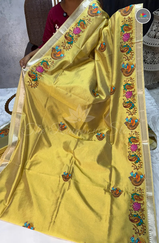 Pure Mangalagiri Pattu  with Tanjore Paints - Pale Yellow