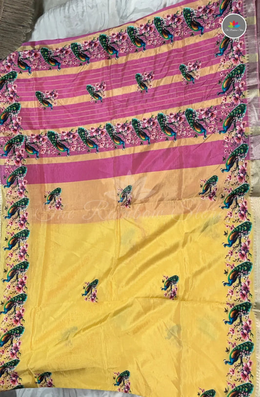 Pure Mangalagiri Pattu  with Tanjore Paints - Golden Yellow