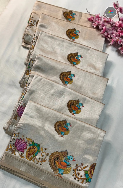 Pure Mangalagiri Pattu  with Tanjore Paints - Ivory