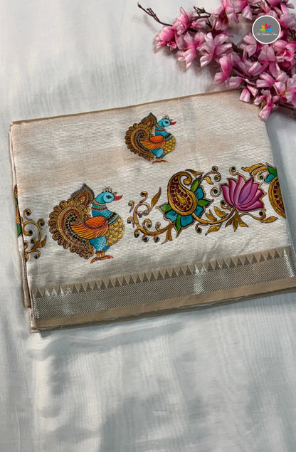 Pure Mangalagiri Pattu  with Tanjore Paints - Ivory