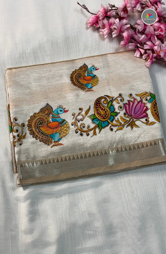 Pure Mangalagiri Pattu  with Tanjore Paints - Ivory