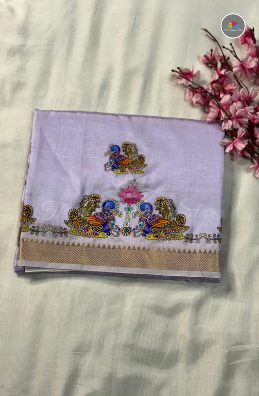 Pure Mangalagiri Pattu  with Tanjore Paints - Lavender Blush