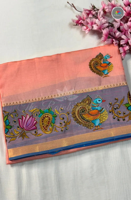 Pure Mangalagiri Pattu  with Tanjore Paints - Peach