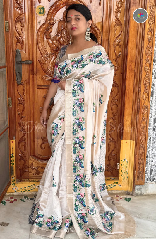 Pure Mangalagiri Pattu  with Tanjore Paints - Light Peach