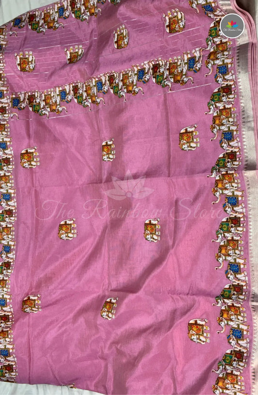 Pure Mangalagiri Pattu  with Tanjore Paints - Lotus Pink