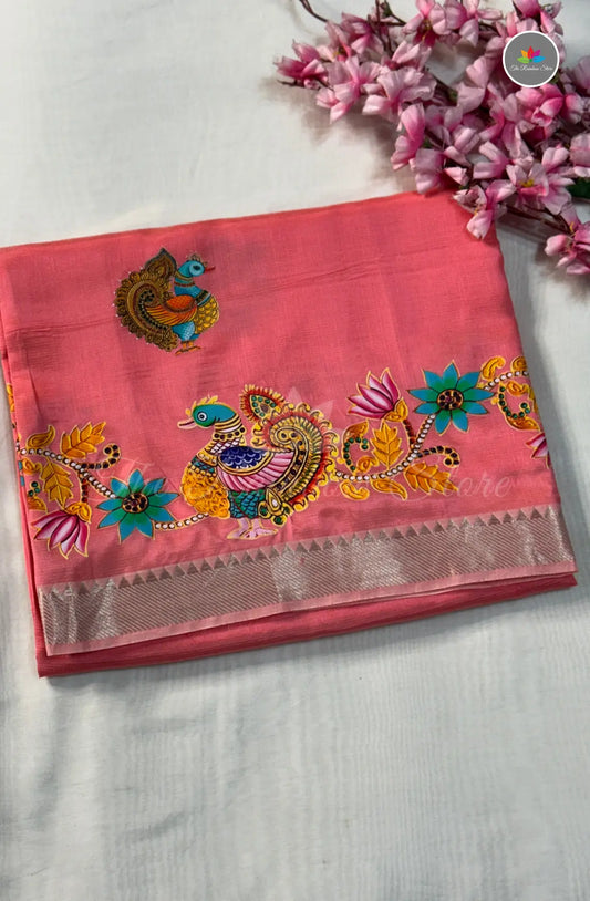 Pure Mangalagiri Pattu  with Tanjore Paints - Lotus Pink