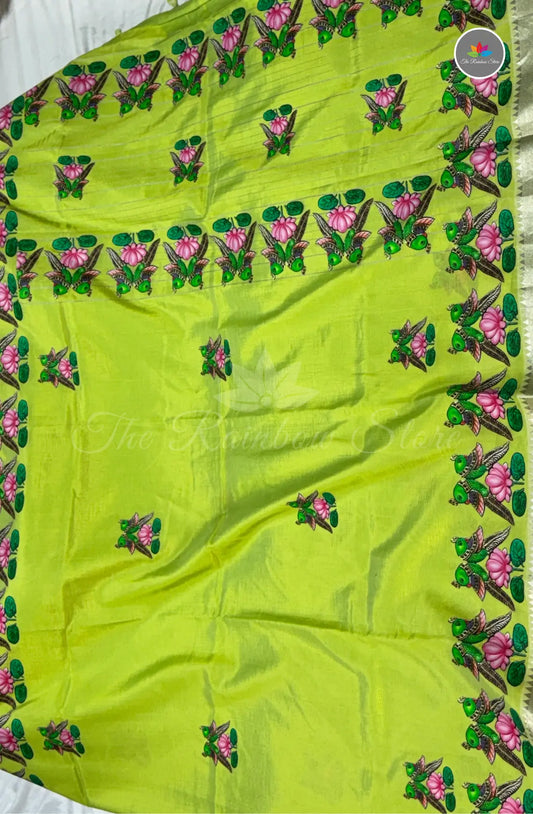 Pure Mangalagiri Pattu  with Tanjore Paints - Parrot Green