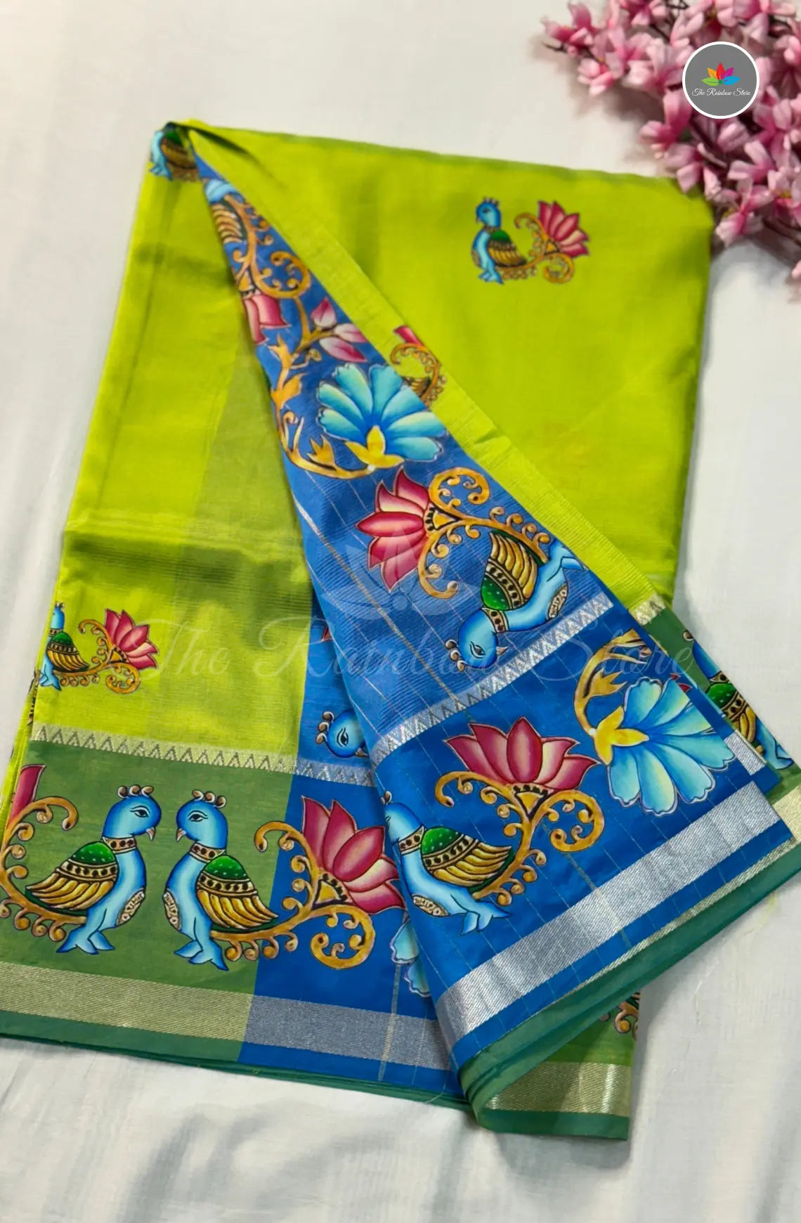 Pure Mangalagiri Pattu  with Tanjore Paints - Parrot Green