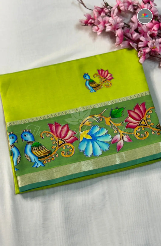 Pure Mangalagiri Pattu  with Tanjore Paints - Parrot Green