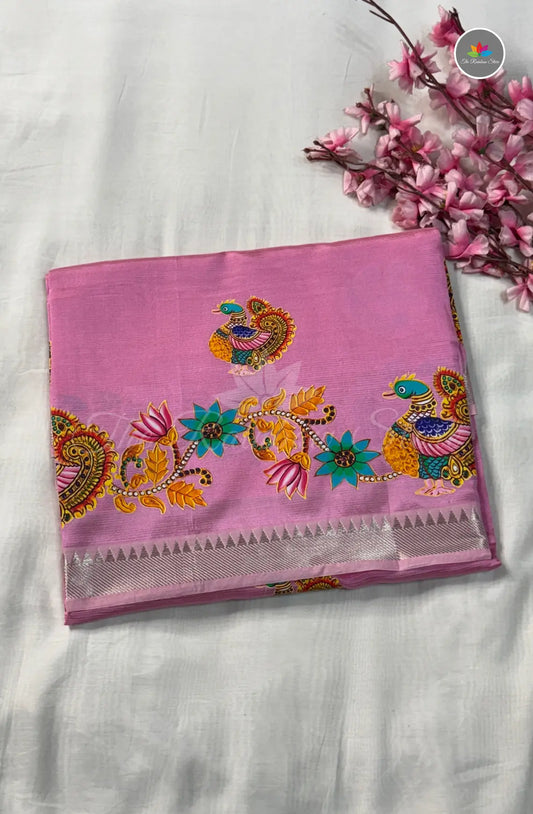Pure Mangalagiri Pattu  with Tanjore Paints - Pink