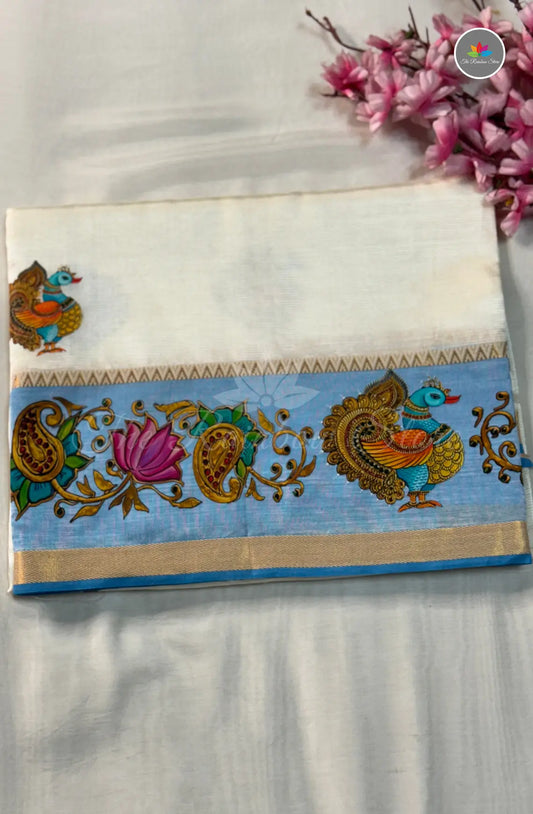 Pure Mangalagiri Pattu  with Tanjore Paints - Off White