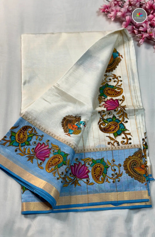 Pure Mangalagiri Pattu  with Tanjore Paints - Off White