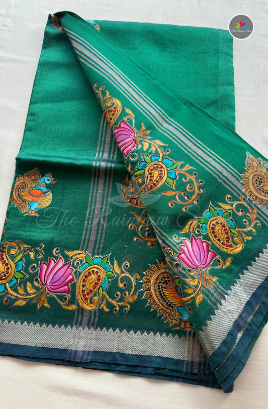 Pure Mangalagiri Pattu  with Tanjore Paints - Tree Green