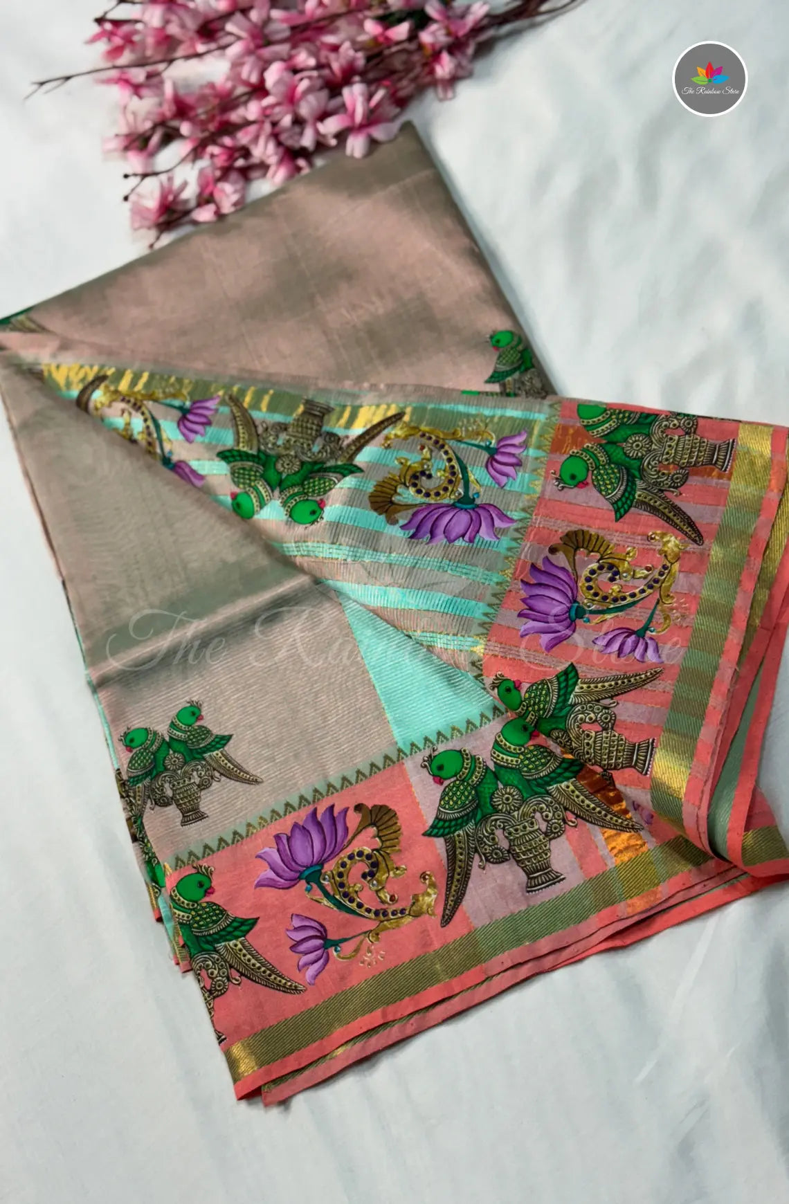 Pure Mangalagiri Pattu  with Tanjore Paints - Tussar