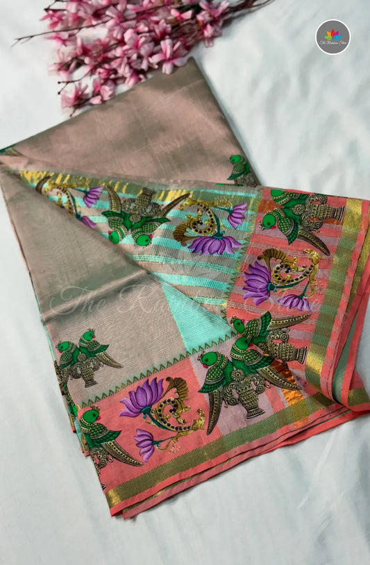 Pure Mangalagiri Pattu  with Tanjore Paints - Tussar
