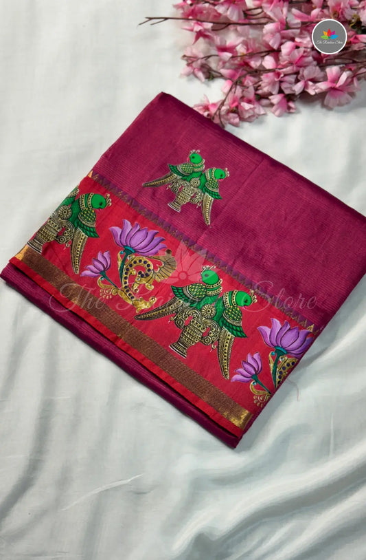 Pure Mangalagiri Pattu  with Tanjore Paints - Dark Pink