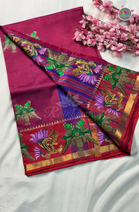 Pure Mangalagiri Pattu  with Tanjore Paints - Dark Pink