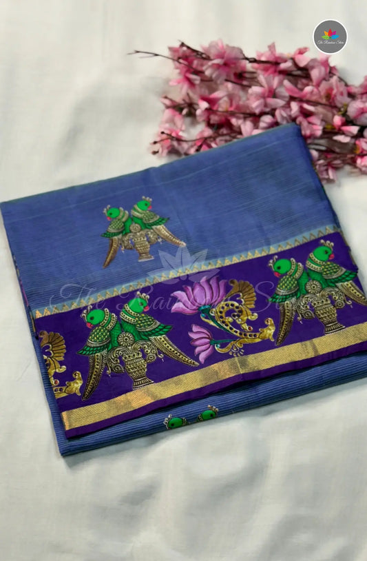 Pure Mangalagiri Pattu  with Tanjore Paints - Navy Blue