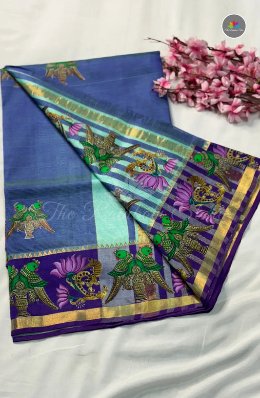 Pure Mangalagiri Pattu  with Tanjore Paints - Navy Blue