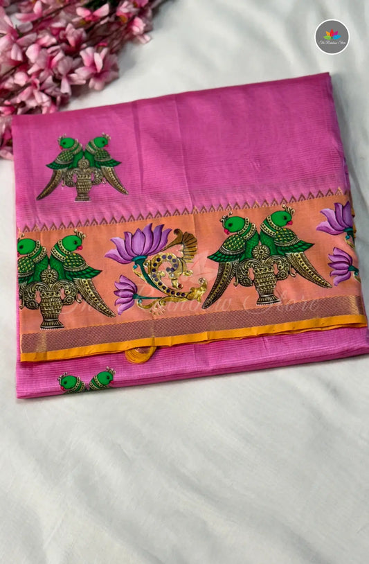 Pure Mangalagiri Pattu  with Tanjore Paints - Pink