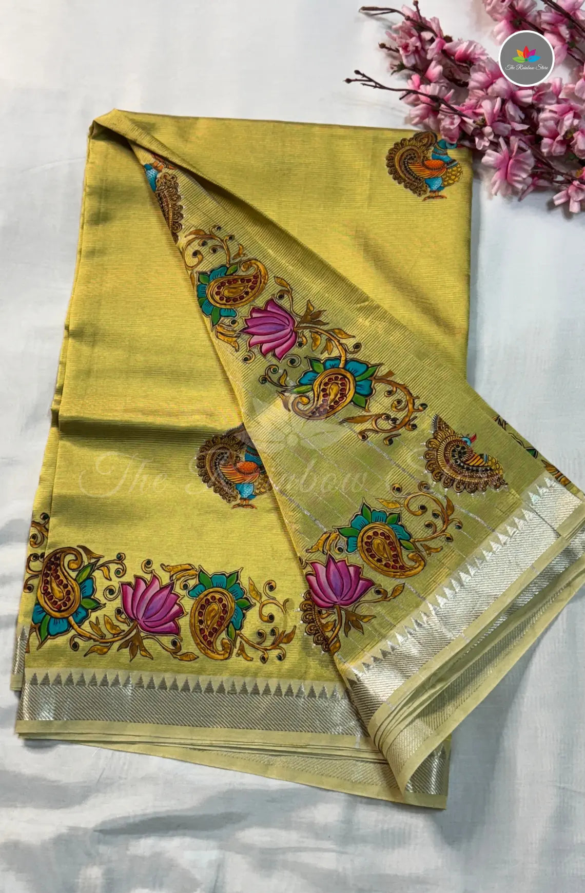 Pure Mangalagiri Pattu  with Tanjore Paints - Pale Yellow