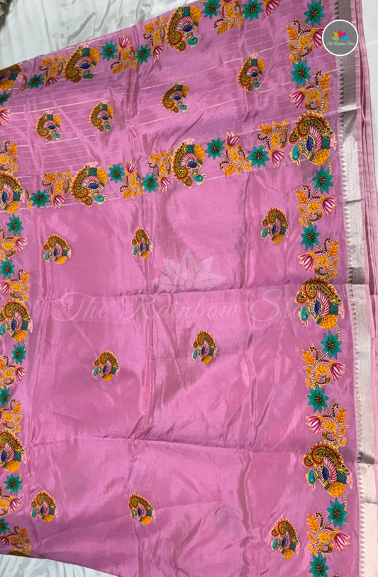 Pure Mangalagiri Pattu  with Tanjore Paints - Pink