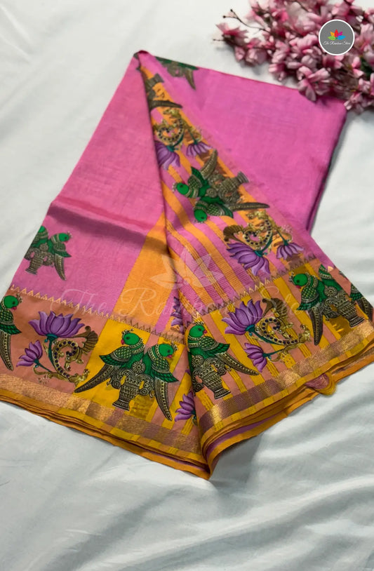 Pure Mangalagiri Pattu  with Tanjore Paints - Pink